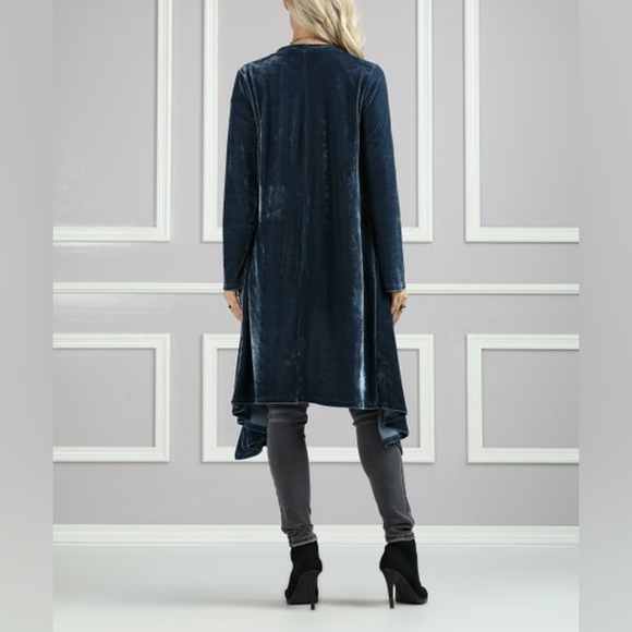 Suzanne Betro Blue Velvet Draped Duater Cardigan Long Boho Bohemian Formal - Picture 2 of 10